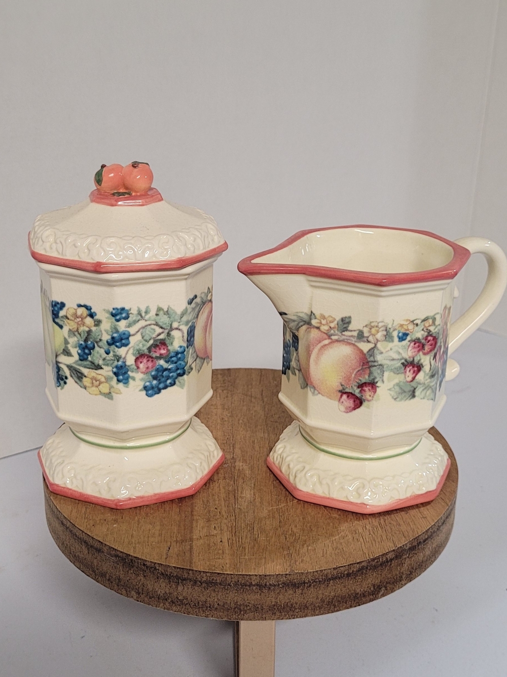 Vintage Avon Floral Fruit Ceramic Creamer and Sugar Set in Pink Trim